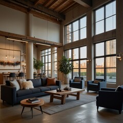 Fototapeta premium Modern industrial living space for office interiors with exposed metal and concrete textures