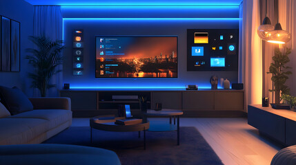 Modern Living Room Interior Design with Blue LED Lighting - 3D Illustration
