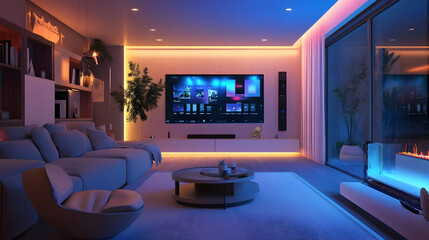 Modern Living Room Interior Design with Colorful Lights and a Large TV 3D Illustration