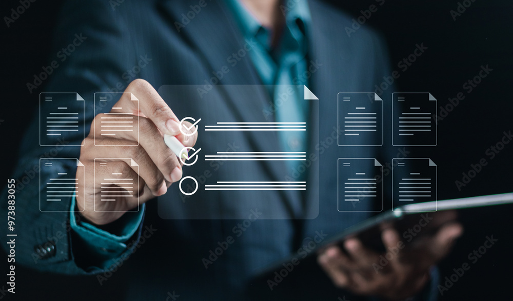 Poster digital form checklist, filling out online survey forms, questionnaires, assessment forms, businessm