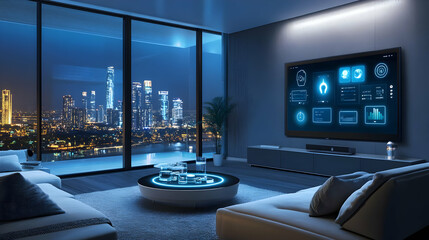Modern Living Room Interior Design with Smart Home Technology - 3D Illustration