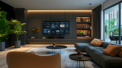 Modern Living Room Interior Design with Large TV, Bookshelf, and Cozy Sofa - 3D Illustration