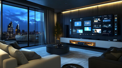 3D Illustration of a Modern Living Room with a Large TV Screen and a City View