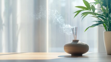 Serene Home Interior with Incense Sticks and Green Plant in Soft Natural Light