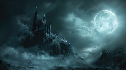 Fototapeta premium Gothic castle under full moon with rolling fog on Halloween night
