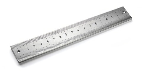 A precise, silver-colored centimeter ruler lies flat on a clean, white background, its calibrated markings and