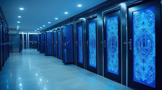 Modern Data Center Server Room Interior with Blue Illuminated Doors
