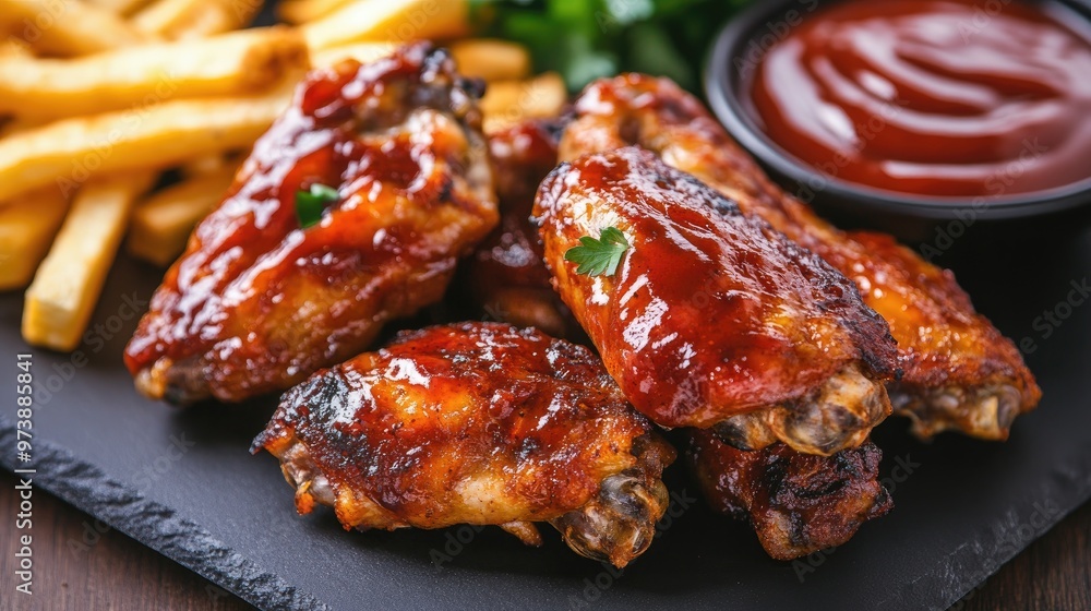 Poster Plate of grilled chicken wings with barbecue sauce and a side of fries