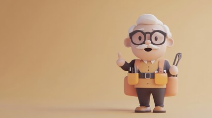 A cheerful cartoon elderly man with glasses and tools, giving a thumbs-up.