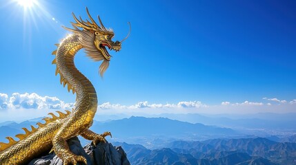Naklejka premium Golden Dragon Statue on Mountain Peak with Blue Sky and Clouds