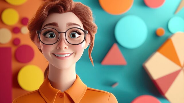 A cheerful animated character with glasses against a colorful geometric background.