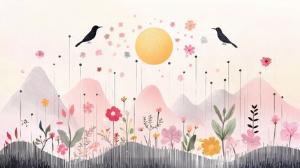 Obraz premium Abstract Watercolor Floral Landscape with Birds and Sun