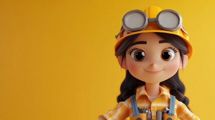 A cheerful animated character in a construction outfit with a hard hat and goggles.