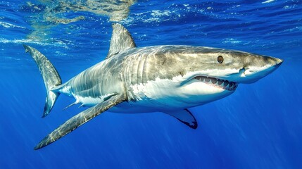 Great White Shark Underwater  Ocean Predator  Jaws Open  Teeth  Blue Water