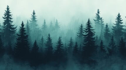 Misty Forest Landscape with Silhouettes of Pine Trees