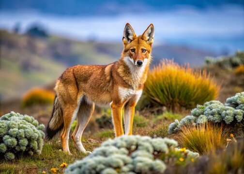 A rare and endangered Ethiopian wolf roams freely in the high-altitude Afro-alpine meadows of the Simien Mountains