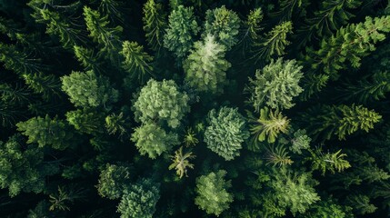 Aerial top view of summer green trees in forest in rural Finland. Drone photography 
