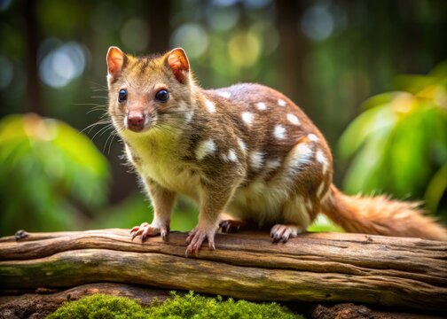 A rare, nocturnal spotted-tailed quoll, Australia's largest native marsupial carnivore, perches on a forest floor log,