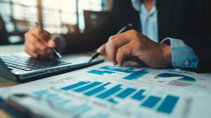 Banking business, finance and investment concept. Businessman analyzing market data, financial graph report, economic growth, business strategy, planning and solution, risk managem