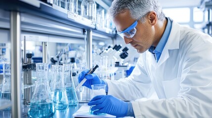 Scientist in Lab Coat Working with Chemicals and Equipment