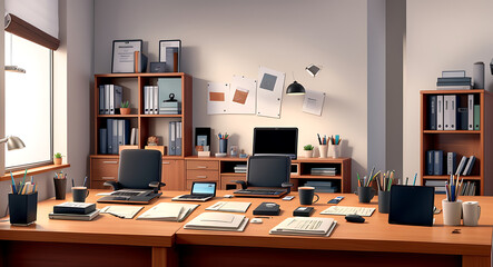 A modern office desk with laptop, coffee cup, and notebook
