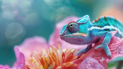 Chameleon on the flower. Beautiful extreme close-up