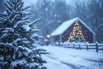 Naklejka premium A snowy evergreen tree in the foreground with a festive barn adorned with Christmas lights in the distance, creating a cozy winter scene.