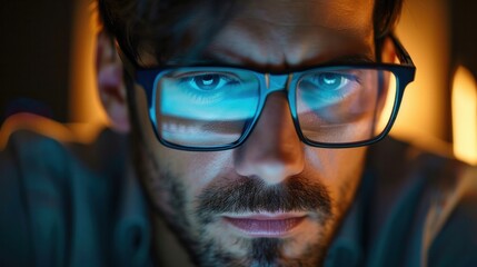 Close up view of focused businessman wears computer glasses for reducing eye strain blurred vision looking at pc screen with computer reflection using internet, reading, watching, working online late.