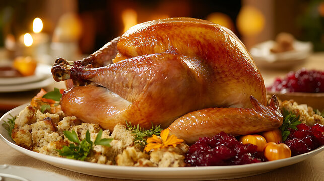 A close-up of a roasted turkey fresh out of the oven, surrounded by traditional Thanksgiving sides like stuffing and cranberry sauce, with a fall-themed table setup in a warm environment 