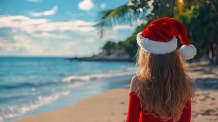 Obraz premium Girl in a Santa hat and red dress standing on a tropical beach, gazing at the sea, celebrating Christmas by the shoreline under the blue sky.