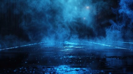 Dark street, wet asphalt, reflections of rays in the water. Abstract dark blue background, smoke, smog. Empty dark scene, neon light, spoon