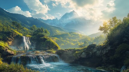 Fototapeta premium Majestic waterfall flowing through a lush green valley, surrounded by towering mountains under a cloudy sky.
