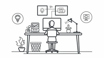 Editable real line icon of stick figure people working from home on their computer communicating with their colleagues in on a online server with digital files in modern black lines as a eps vector 