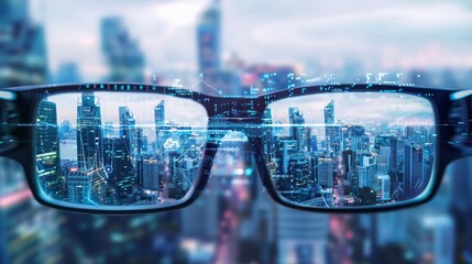 Futuristic smart glasses and vision concept.Smart glasses, VR virtual reality, and AR augmented reality technology. Smart glasses looking at the city with graphic hologram 