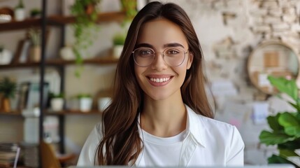Happy Brunette Business Lady Using Laptop Smiling To Camera Posing Wearing Glasses Working Sitting At Workplace In Modern Office. Successful Entrepreneurship And Career Concept 