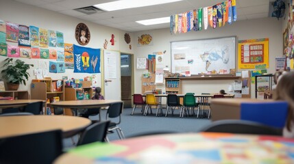 A bilingual education classroom where children are learning two languages, with cultural decorations and multilingual resources around them