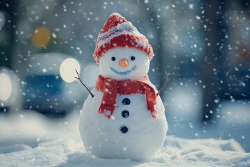 A cute snowman wearing a red Santa hat and scarf sits in the snow, surrounded by red ornaments and snow-covered branches, creating a cheerful holiday scene.