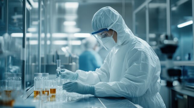 A biopharmaceutical scientist in sterile gloves, carefully handling sterile lab equipment and conducting aseptic processing in a cleanroom, showcasing advanced pharmaceutical manufacturing techniques
