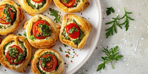 Fototapeta premium Puffed pastry appetizers filled with creamy cheese, tomatoes, and herb pesto presented on a white platter, emphasizing the top view with blank space for text and selective focus.