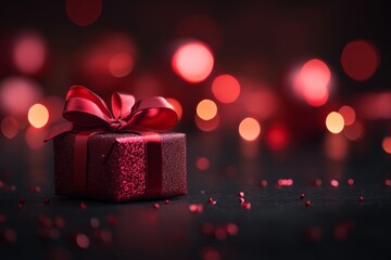 Small, glittering red Christmas gift box with a ribbon, placed against a red and black bokeh backdrop for a festive holiday mood.