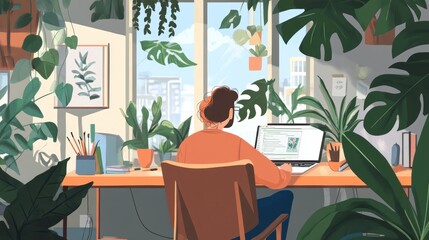 Fototapeta premium Person Working at Desk Surrounded by Plants