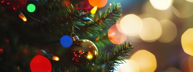 Sparkling red Christmas ornament hanging on a frosty pine tree branch with a festive bokeh background in warm golden tones.