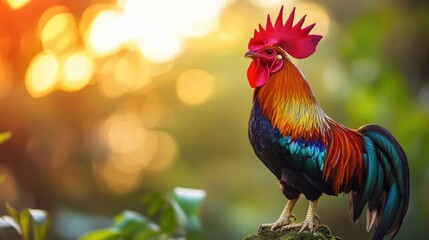Fototapeta premium Rooster crowing at sunrise, with vibrant red comb and colorful feathers