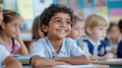 Obraz premium A group of children happily learning in a primary school setting, showing diverse educational activities and engagement
