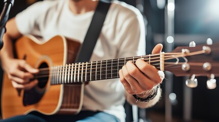 Closeup of Musician Playing Acoustic Guitar in Studio