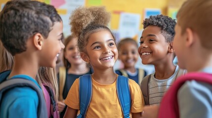 Obraz premium A group of happy school children with backpacks, smiling and interacting with each other, in a bright and colorful classroom