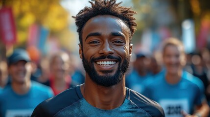 Fototapeta premium Smiling runner in a race with participants in the background.
