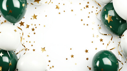 yellowgreend white balloons with gold stars and ribbons, Birthday background, party background, celebration, wjite background