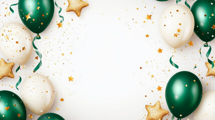 yellowgreend white balloons with gold stars and ribbons, Birthday background, party background, celebration, wjite background