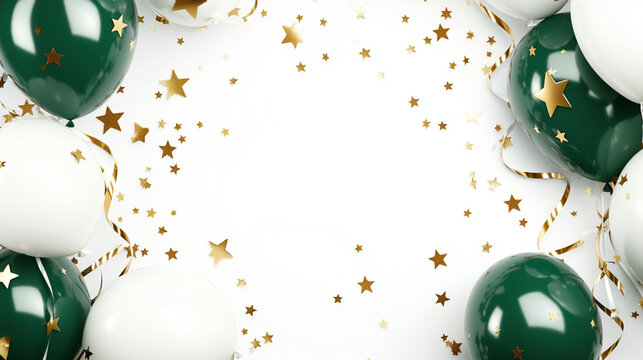 yellowgreend white balloons with gold stars and ribbons, Birthday background, party background, celebration, wjite background